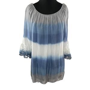 NWT Lola Blue Gray White Silk Lace Cuff Bell Sleeve Off Shoulder Top M ITALY